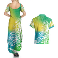 Polynesian Sunset Plumeria Couples Matching Summer Maxi Dress and Hawaiian Shirt Pacific Island Tribal Green Style LT9 - Polynesian Pride