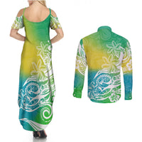 Polynesian Sunset Plumeria Couples Matching Summer Maxi Dress and Long Sleeve Button Shirts Pacific Island Tribal Green Style LT9 - Polynesian Pride