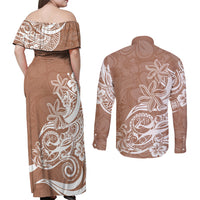 Polynesian Sunset Plumeria Couples Matching Off Shoulder Maxi Dress and Long Sleeve Button Shirts Pacific Island Tribal Nude Style LT9 - Polynesian Pride