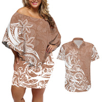Polynesian Sunset Plumeria Couples Matching Off Shoulder Short Dress and Hawaiian Shirt Pacific Island Tribal Nude Style LT9 Nude - Polynesian Pride
