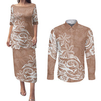 Polynesian Sunset Plumeria Couples Matching Puletasi Dress and Long Sleeve Button Shirts Pacific Island Tribal Nude Style LT9 Nude - Polynesian Pride
