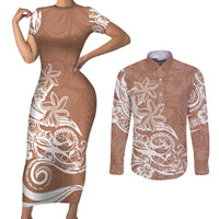 Polynesian Sunset Plumeria Couples Matching Short Sleeve Bodycon Dress and Long Sleeve Button Shirts Pacific Island Tribal Nude Style LT9 Nude - Polynesian Pride