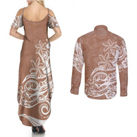 Polynesian Sunset Plumeria Couples Matching Summer Maxi Dress and Long Sleeve Button Shirts Pacific Island Tribal Nude Style LT9 - Polynesian Pride