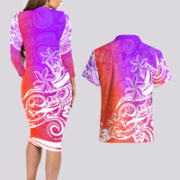 Polynesian Sunset Plumeria Couples Matching Long Sleeve Bodycon Dress and Hawaiian Shirt Pacific Island Tribal Purple Style LT9 - Polynesian Pride