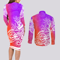 Polynesian Sunset Plumeria Couples Matching Long Sleeve Bodycon Dress and Long Sleeve Button Shirts Pacific Island Tribal Purple Style LT9 - Polynesian Pride