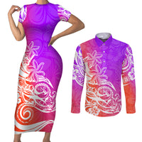 Polynesian Sunset Plumeria Couples Matching Short Sleeve Bodycon Dress and Long Sleeve Button Shirts Pacific Island Tribal Purple Style LT9 Purple - Polynesian Pride