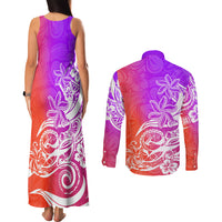Polynesian Sunset Plumeria Couples Matching Tank Maxi Dress and Long Sleeve Button Shirts Pacific Island Tribal Purple Style LT9 - Polynesian Pride