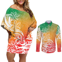 Polynesian Sunset Plumeria Couples Matching Off Shoulder Short Dress and Long Sleeve Button Shirts Pacific Island Tribal Reggae Style LT9 Reggae - Polynesian Pride