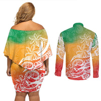 Polynesian Sunset Plumeria Couples Matching Off Shoulder Short Dress and Long Sleeve Button Shirts Pacific Island Tribal Reggae Style LT9 - Polynesian Pride