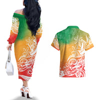 Polynesian Sunset Plumeria Couples Matching Off The Shoulder Long Sleeve Dress and Hawaiian Shirt Pacific Island Tribal Reggae Style LT9 - Polynesian Pride