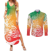 Polynesian Sunset Plumeria Couples Matching Summer Maxi Dress and Long Sleeve Button Shirts Pacific Island Tribal Reggae Style LT9 Reggae - Polynesian Pride