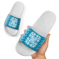 Blue Ulu Palaka Quilt Pattern Slide Sandals Hawaii Culture Breadfruit - Polynesian Pride