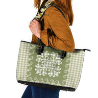 Green Ulu Palaka Quilt Pattern Leather Tote Bag Hawaii Culture Breadfruit - Polynesian Pride