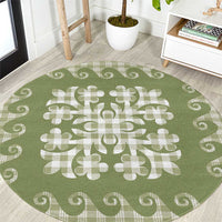 Green Ulu Palaka Quilt Pattern Round Carpet Hawaii Culture Breadfruit - Polynesian Pride
