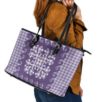 Purple Ulu Palaka Quilt Pattern Leather Tote Bag Hawaii Culture Breadfruit - Polynesian Pride