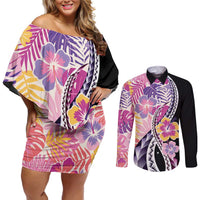 Aloha Vintage Hibiscus Lei Seamless Pattern Couples Matching Off Shoulder Short Dress and Long Sleeve Button Shirt - Polynesian Pride