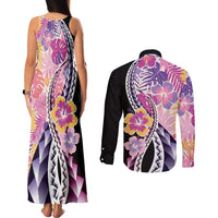 Aloha Vintage Hibiscus Lei Seamless Pattern Couples Matching Tank Maxi Dress and Long Sleeve Button Shirt - Polynesian Pride