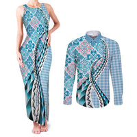 Aloha Vintage Palaka Floral Hawaiian Quilt Couples Matching Tank Maxi Dress and Long Sleeve Button Shirt Uliuli Motif - Polynesian Pride