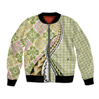 Aloha Vintage Palaka Floral Hawaiian Quilt Bomber Jacket Omaomao Motif LT9 Unisex Lime - Polynesian Pride