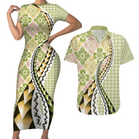 Aloha Vintage Palaka Floral Hawaiian Quilt Couples Matching Short Sleeve Bodycon Dress and Hawaiian Shirt Omaomao Motif - Polynesian Pride