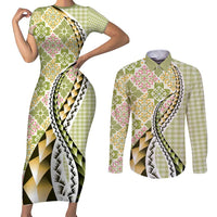 Aloha Vintage Palaka Floral Hawaiian Quilt Couples Matching Short Sleeve Bodycon Dress and Long Sleeve Button Shirt Omaomao Motif - Polynesian Pride