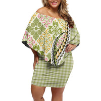 Aloha Vintage Palaka Floral Hawaiian Quilt Off Shoulder Short Dress Omaomao Motif - Polynesian Pride