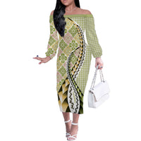 Aloha Vintage Palaka Floral Hawaiian Quilt Off The Shoulder Long Sleeve Dress Omaomao Motif - Polynesian Pride