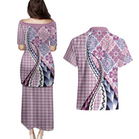 Aloha Vintage Palaka Floral Hawaiian Quilt Couples Matching Puletasi and Hawaiian Shirt Akala Motif - Polynesian Pride