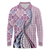 Aloha Vintage Palaka Floral Hawaiian Quilt Long Sleeve Polo Shirt Akala Motif - Polynesian Pride