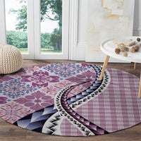 Aloha Vintage Palaka Floral Hawaiian Quilt Round Carpet Akala Motif - Polynesian Pride