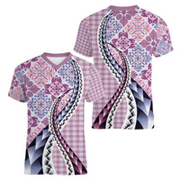 Aloha Vintage Palaka Floral Hawaiian Quilt Women V-Neck T-Shirt Akala Motif - Polynesian Pride