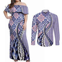 Aloha Vintage Palaka Floral Hawaiian Quilt Couples Matching Off Shoulder Maxi Dress and Long Sleeve Button Shirt Poni Motif - Polynesian Pride