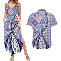 Aloha Vintage Palaka Floral Hawaiian Quilt Couples Matching Summer Maxi Dress and Hawaiian Shirt Poni Motif - Polynesian Pride