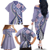Aloha Vintage Palaka Floral Hawaiian Quilt Family Matching Off The Shoulder Long Sleeve Dress and Hawaiian Shirt Poni Motif - Polynesian Pride