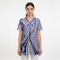 Aloha Vintage Palaka Floral Hawaiian Quilt Scrub Top Poni Motif - Polynesian Pride