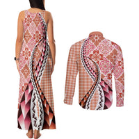 Aloha Vintage Palaka Floral Hawaiian Quilt Couples Matching Tank Maxi Dress and Long Sleeve Button Shirt Ulaula Motif - Polynesian Pride