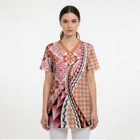 Aloha Vintage Palaka Floral Hawaiian Quilt Scrub Top Ulaula Motif - Polynesian Pride