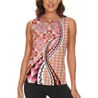 Aloha Vintage Palaka Floral Hawaiian Quilt Women Sleeveless Polo Shirt Ulaula Motif - Polynesian Pride