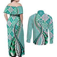 Aloha Vintage Palaka Floral Hawaiian Quilt Couples Matching Off Shoulder Maxi Dress and Long Sleeve Button Shirt Polu Motif - Polynesian Pride