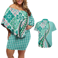 Aloha Vintage Palaka Floral Hawaiian Quilt Couples Matching Off Shoulder Short Dress and Hawaiian Shirt Polu Motif - Polynesian Pride
