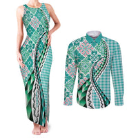 Aloha Vintage Palaka Floral Hawaiian Quilt Couples Matching Tank Maxi Dress and Long Sleeve Button Shirt Polu Motif - Polynesian Pride