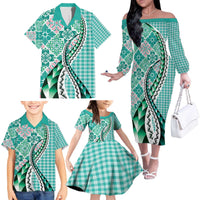 Aloha Vintage Palaka Floral Hawaiian Quilt Family Matching Off The Shoulder Long Sleeve Dress and Hawaiian Shirt Polu Motif - Polynesian Pride