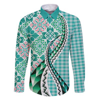 Aloha Vintage Palaka Floral Hawaiian Quilt Family Matching Off The Shoulder Long Sleeve Dress and Hawaiian Shirt Polu Motif - Polynesian Pride