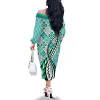 Aloha Vintage Palaka Floral Hawaiian Quilt Family Matching Off The Shoulder Long Sleeve Dress and Hawaiian Shirt Polu Motif - Polynesian Pride