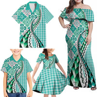 Aloha Vintage Palaka Floral Hawaiian Quilt Family Matching Off Shoulder Maxi Dress and Hawaiian Shirt Polu Motif - Polynesian Pride