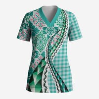 Aloha Vintage Palaka Floral Hawaiian Quilt Scrub Top Polu Motif LT9 Adult Turquoise - Polynesian Pride