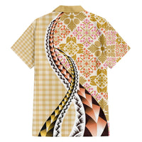 Aloha Vintage Palaka Floral Hawaiian Quilt Family Matching Off The Shoulder Long Sleeve Dress and Hawaiian Shirt Melemele Motif - Polynesian Pride