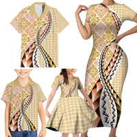 Aloha Vintage Palaka Floral Hawaiian Quilt Family Matching Short Sleeve Bodycon Dress and Hawaiian Shirt Melemele Motif - Polynesian Pride