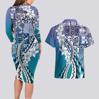 Aloha Vintage Plumeria Hawaiian Tapa Pattern Couples Matching Long Sleeve Bodycon Dress and Hawaiian Shirt Blue Hawaiian Tapa Pattern - Polynesian Pride