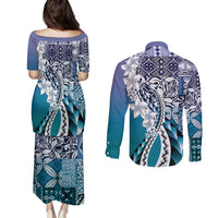 Aloha Vintage Plumeria Hawaiian Tapa Pattern Couples Matching Puletasi and Long Sleeve Button Shirt Blue Hawaiian Tapa Pattern - Polynesian Pride